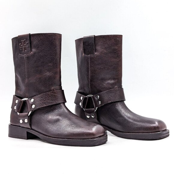 Tory Burch Women Double T Moto Biker Dark Brown Leather Harness Boots size 6 - Picture 1 of 11